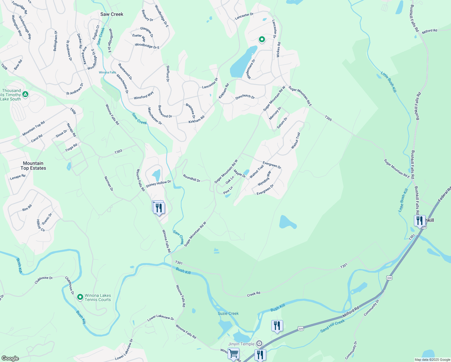 map of restaurants, bars, coffee shops, grocery stores, and more near 4120 Oak Lane in Bushkill