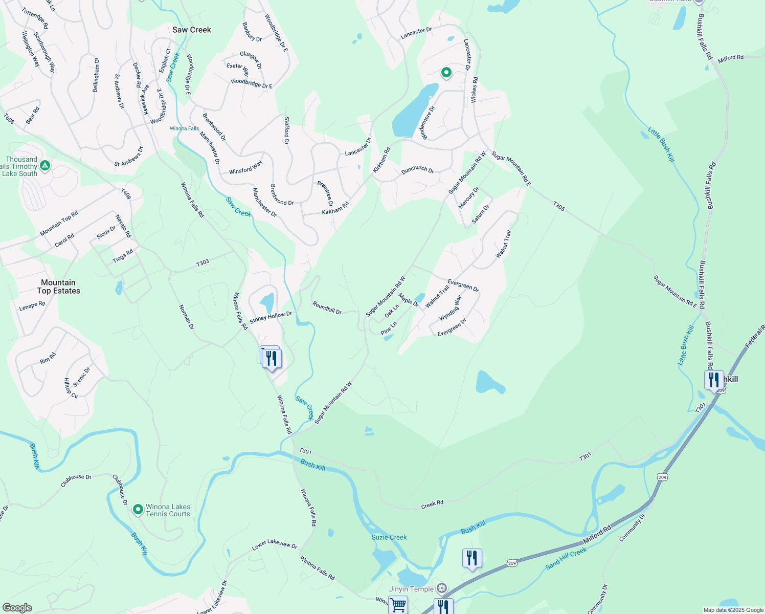 map of restaurants, bars, coffee shops, grocery stores, and more near 1256 Sugar Mountain Road West in Bushkill