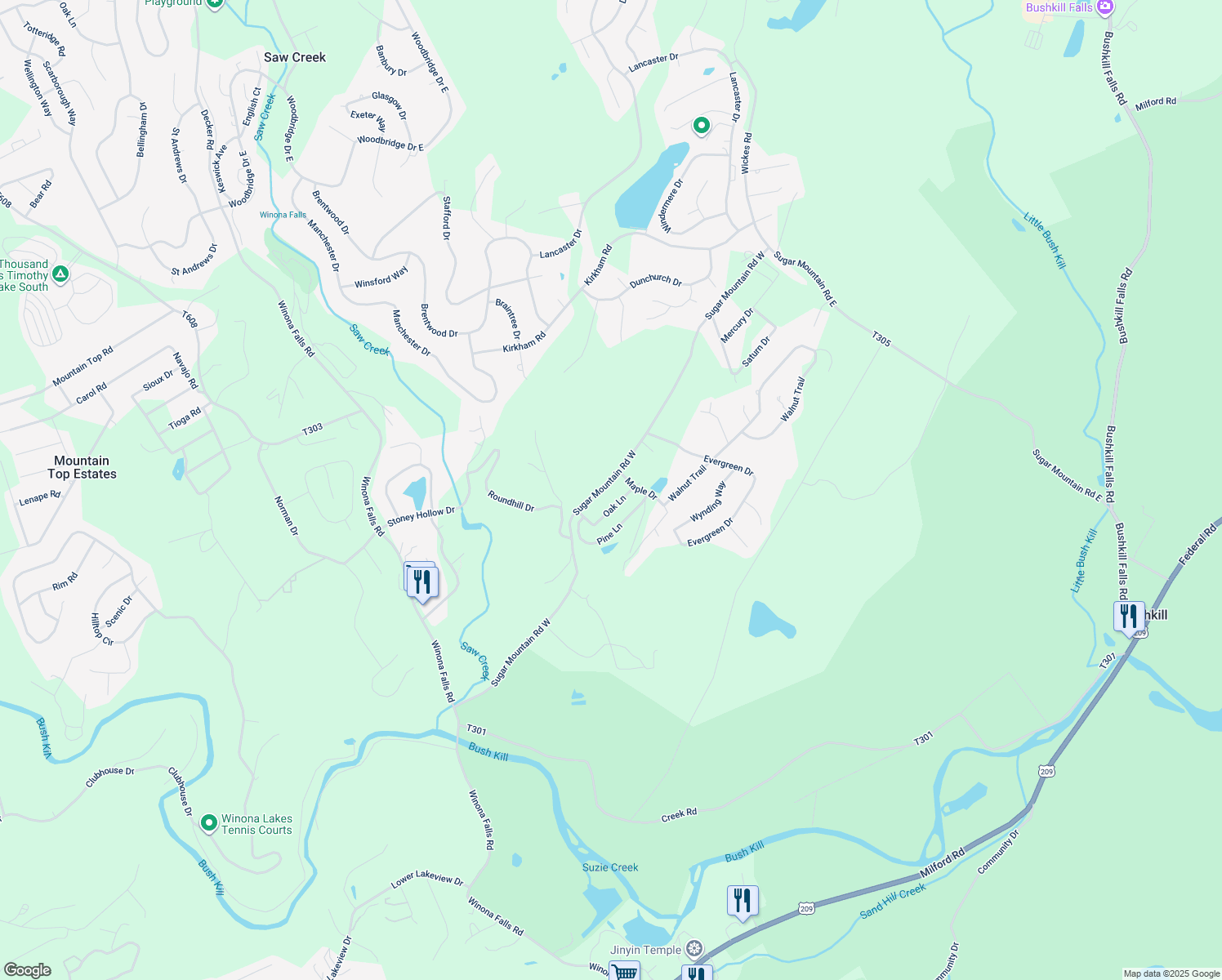 map of restaurants, bars, coffee shops, grocery stores, and more near Sugar Mountain Road West in Bushkill