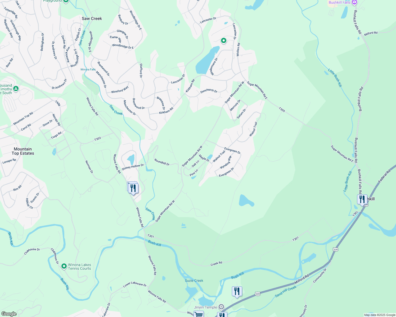 map of restaurants, bars, coffee shops, grocery stores, and more near 4104 Oak Lane in Bushkill