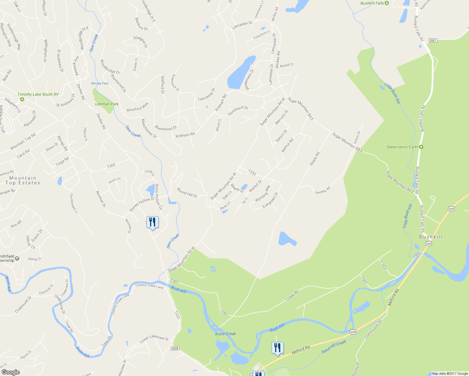 map of restaurants, bars, coffee shops, grocery stores, and more near Oak Lane in Bushkill