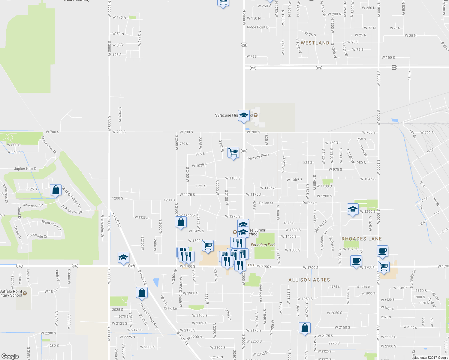 map of restaurants, bars, coffee shops, grocery stores, and more near 1106 South 2100 West in Syracuse