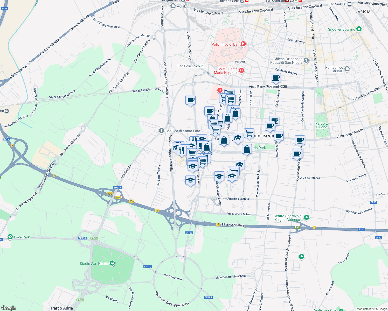 map of restaurants, bars, coffee shops, grocery stores, and more near 24 Via Salvatore Matarrese in Bari