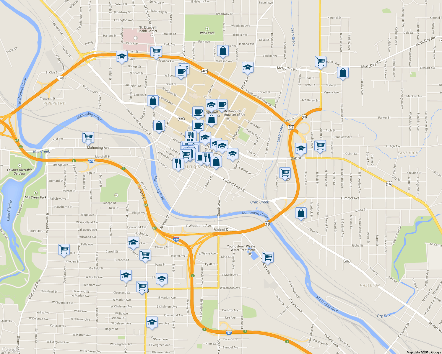 map of restaurants, bars, coffee shops, grocery stores, and more near 260 Federal Plaza East in Youngstown