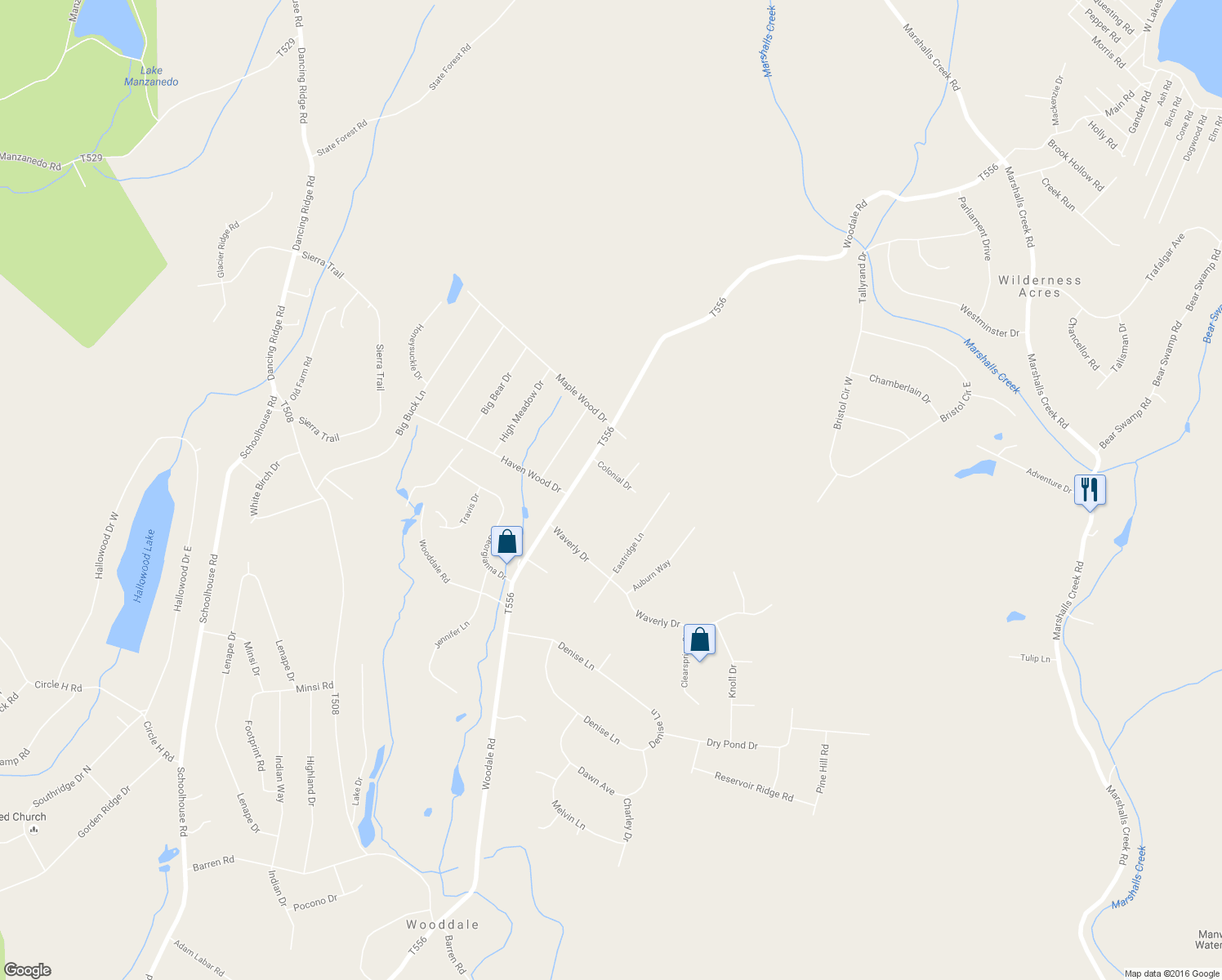 map of restaurants, bars, coffee shops, grocery stores, and more near 5 Colonial Drive in East Stroudsburg