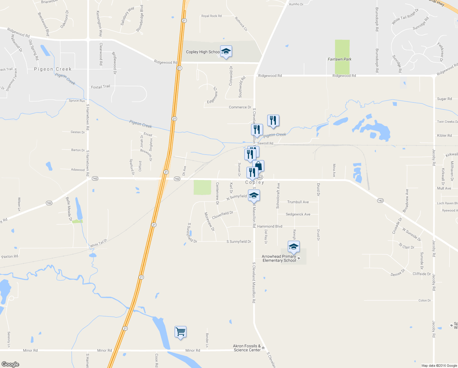 map of restaurants, bars, coffee shops, grocery stores, and more near 1440 Karl Drive in Akron