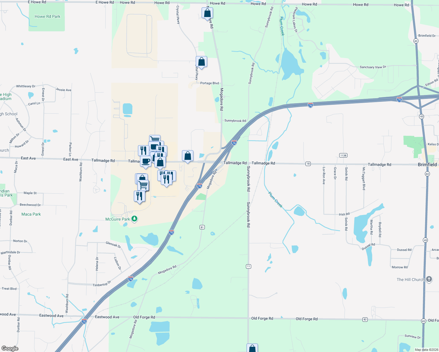 map of restaurants, bars, coffee shops, grocery stores, and more near 4038 Mogadore Road in Kent