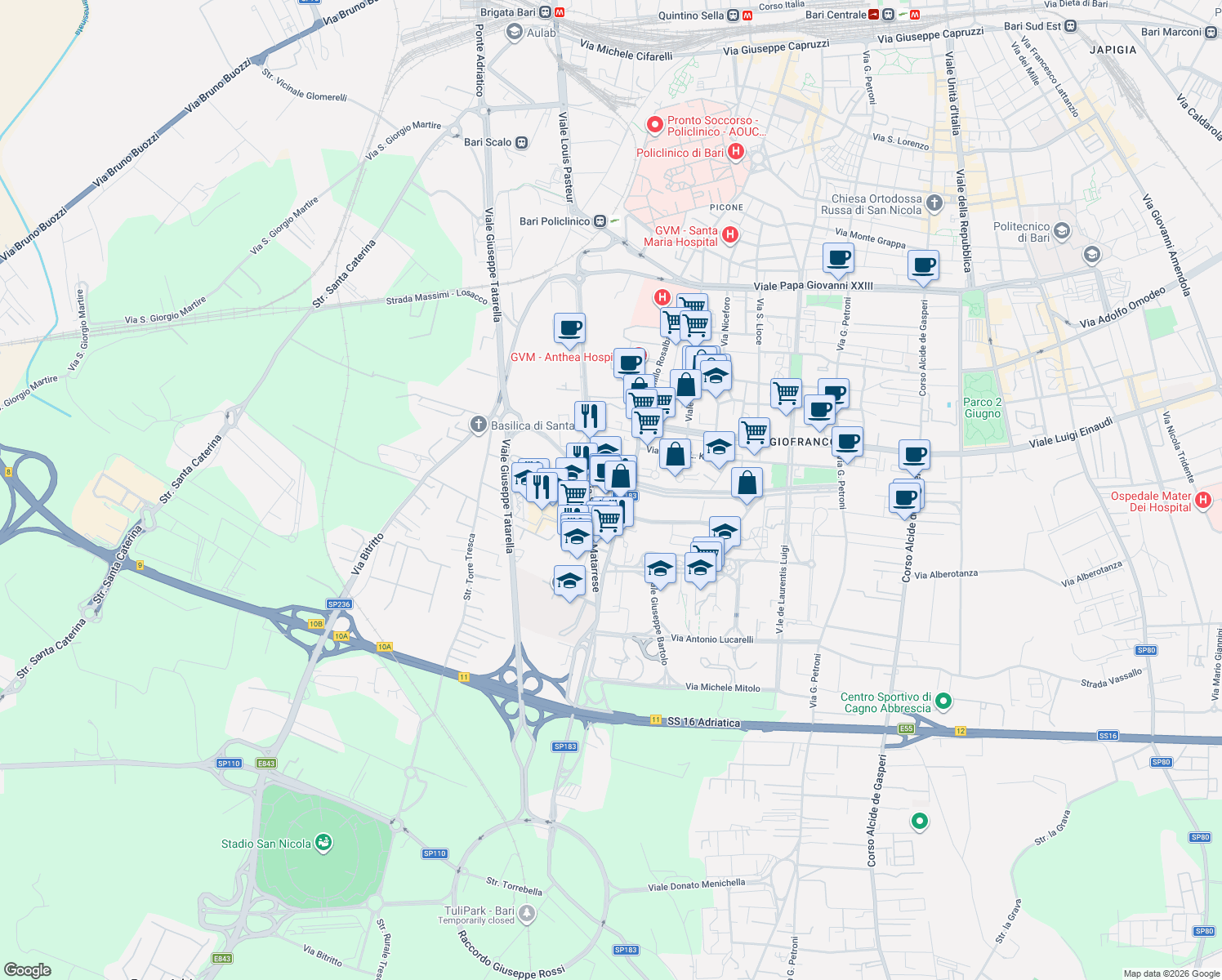 map of restaurants, bars, coffee shops, grocery stores, and more near 43 Via Camillo Rosalba in Bari