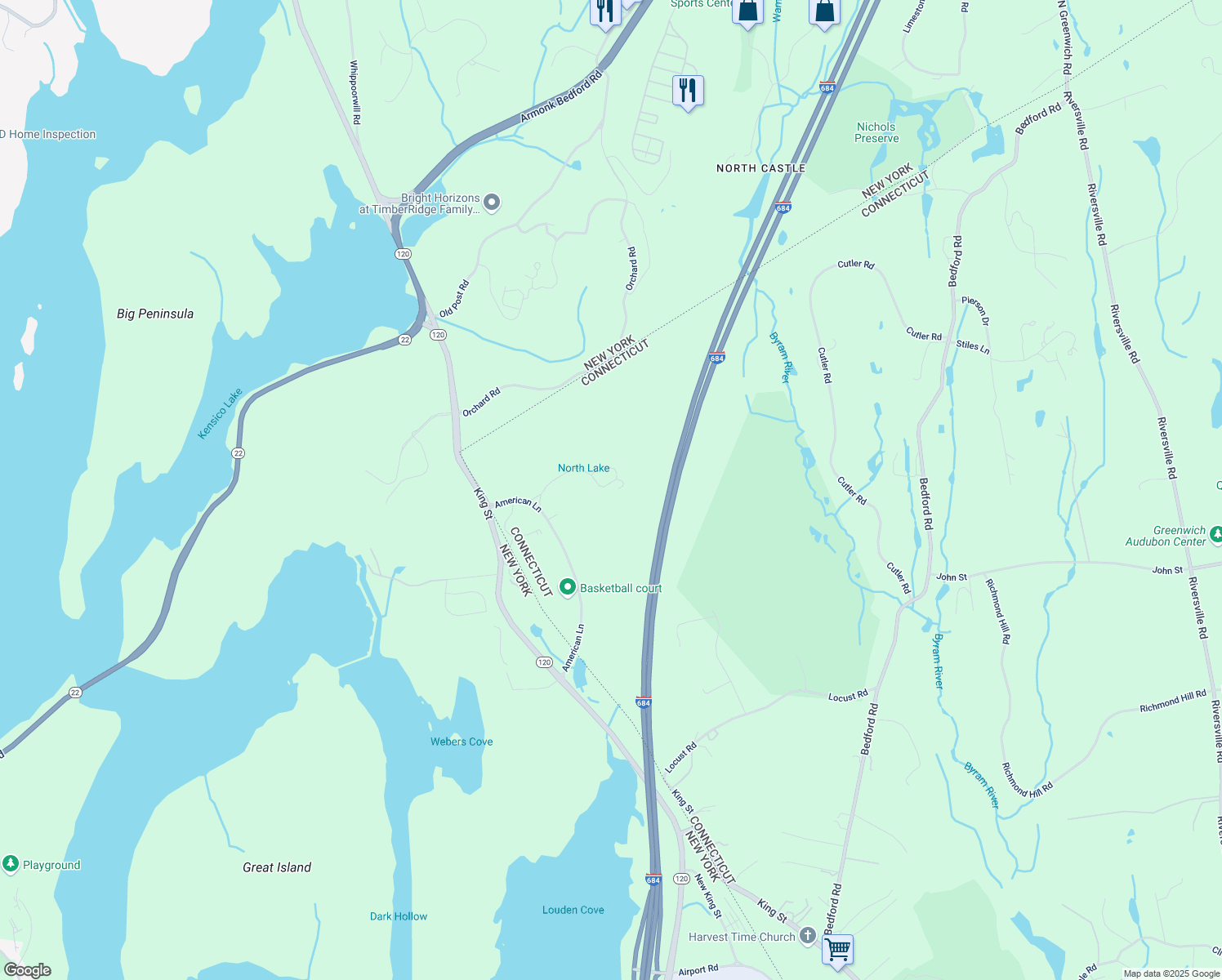 map of restaurants, bars, coffee shops, grocery stores, and more near 5 American Lane in Greenwich