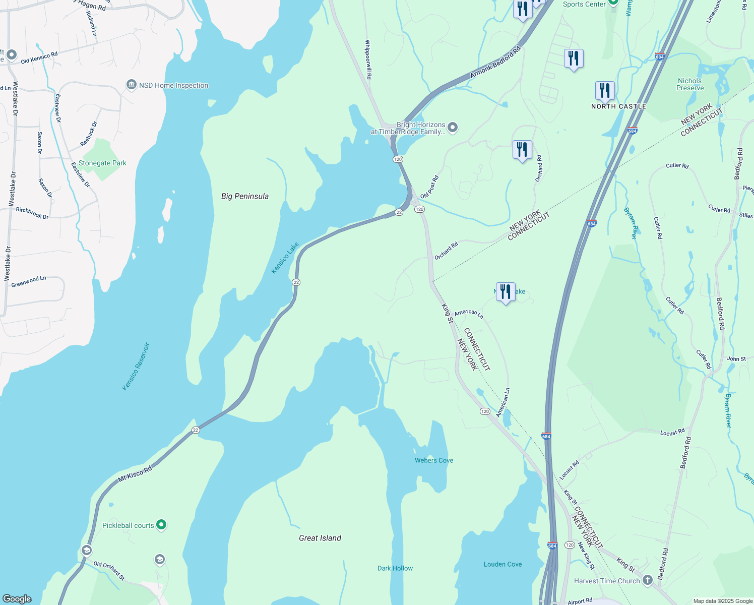 map of restaurants, bars, coffee shops, grocery stores, and more near 175 King Street in Armonk