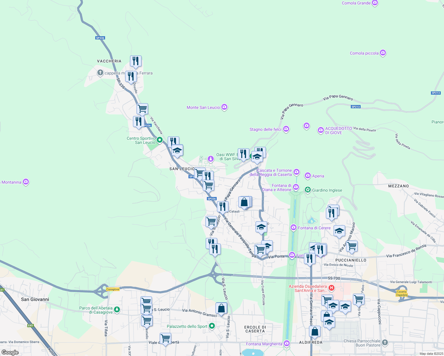 map of restaurants, bars, coffee shops, grocery stores, and more near 3 Via dei Giardini Reali in Caserta
