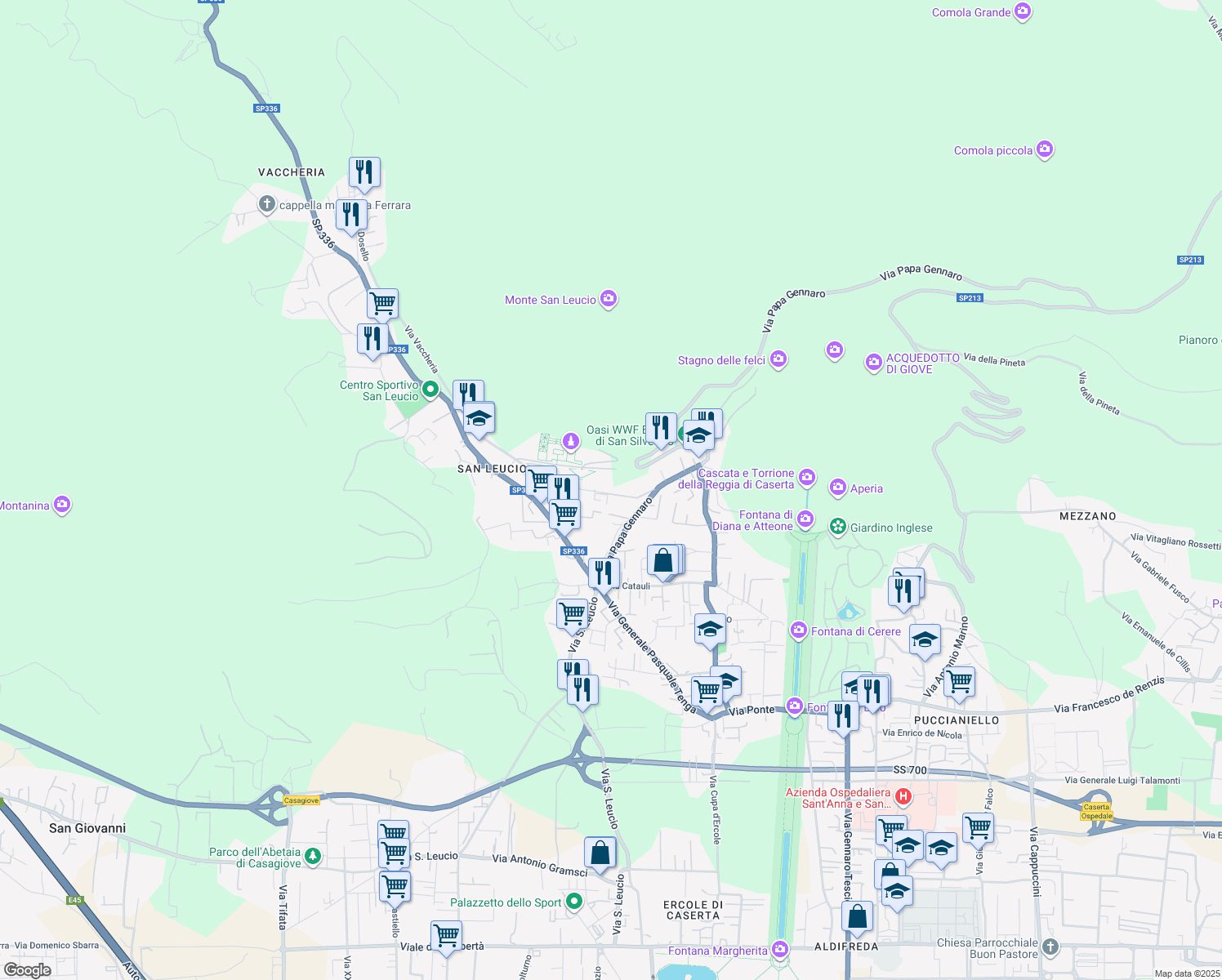 map of restaurants, bars, coffee shops, grocery stores, and more near 3 Via dei Giardini Reali in Caserta