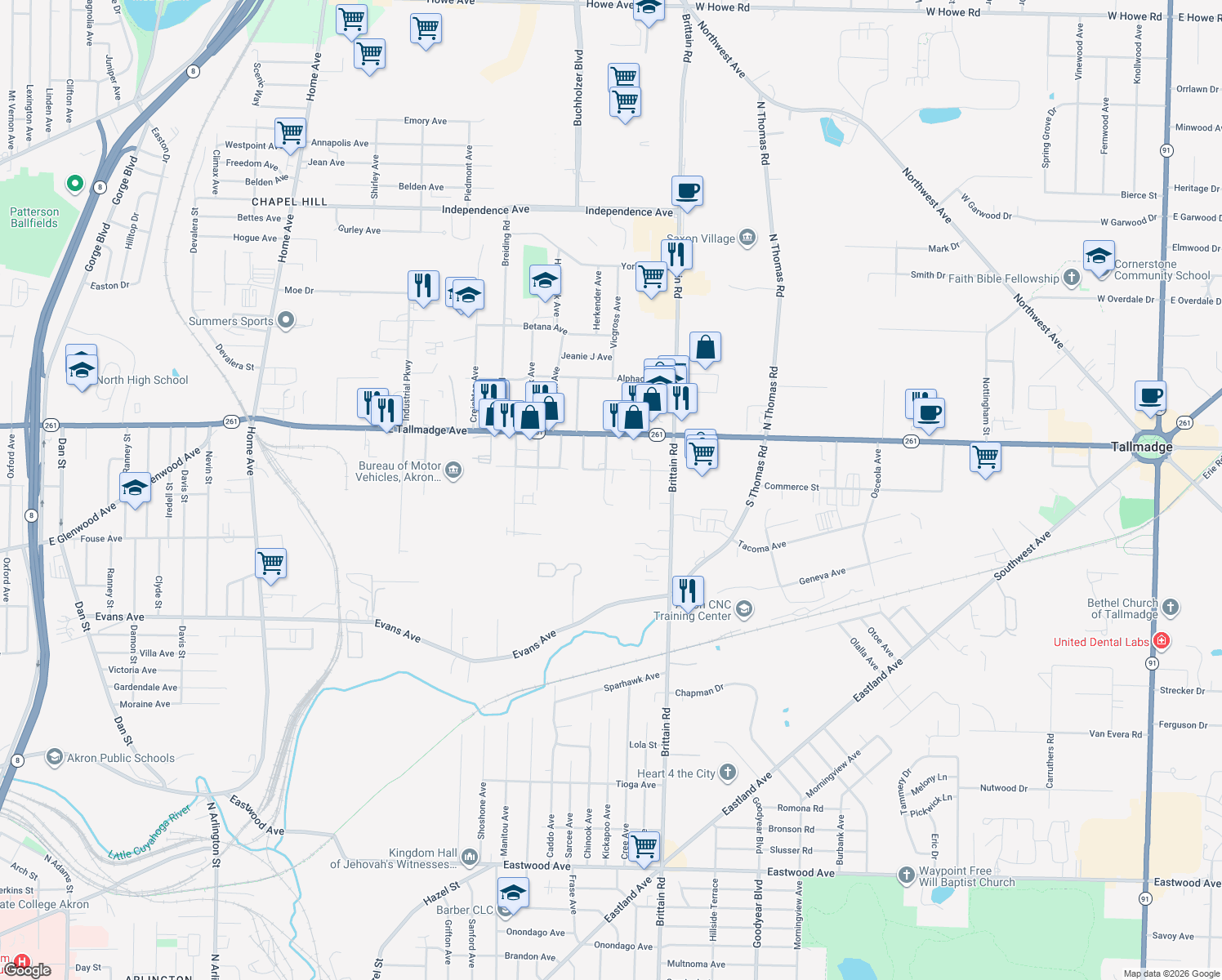 map of restaurants, bars, coffee shops, grocery stores, and more near 1325 Blackstone Ave in Akron