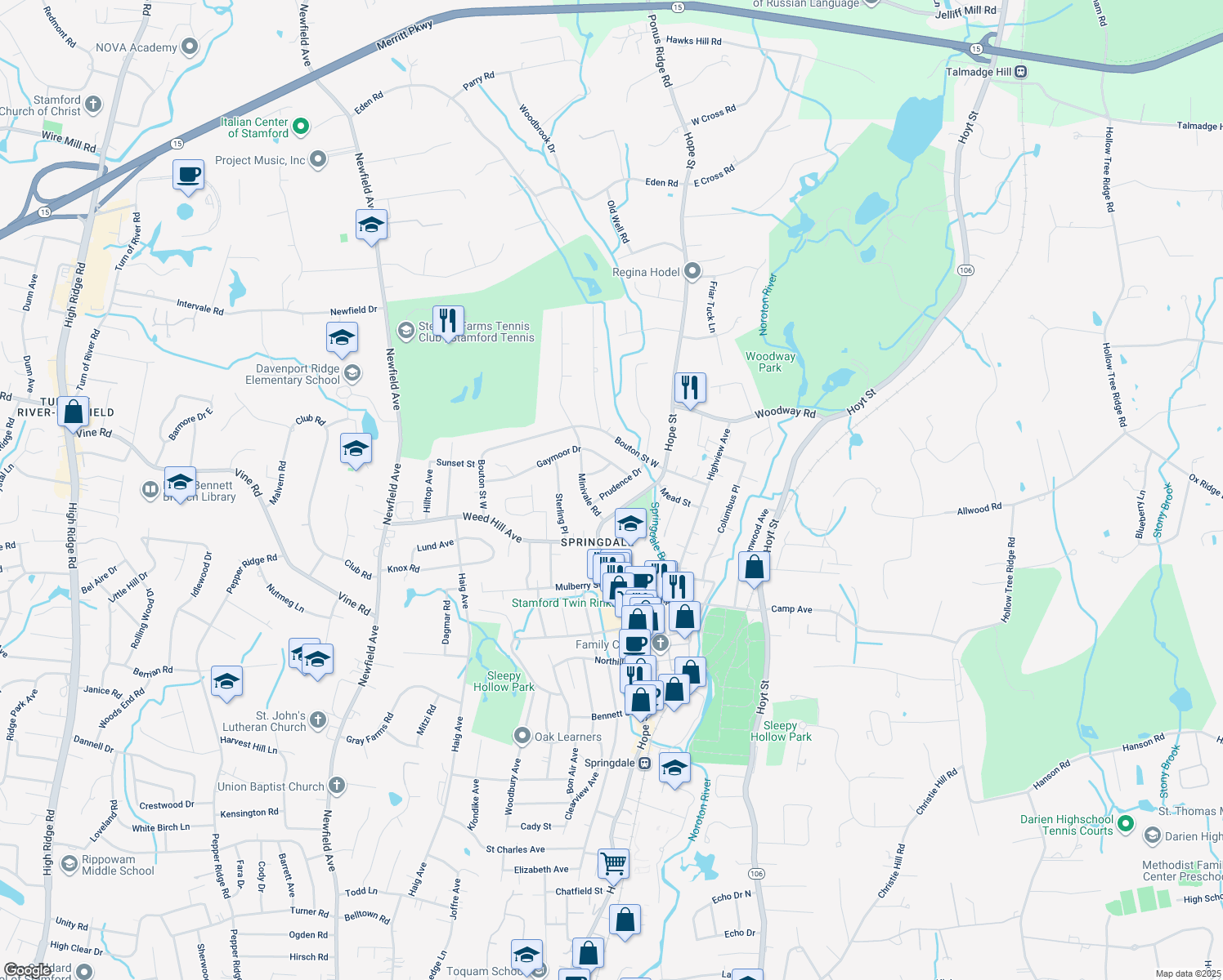 map of restaurants, bars, coffee shops, grocery stores, and more near 30 Prudence Dr in Stamford
