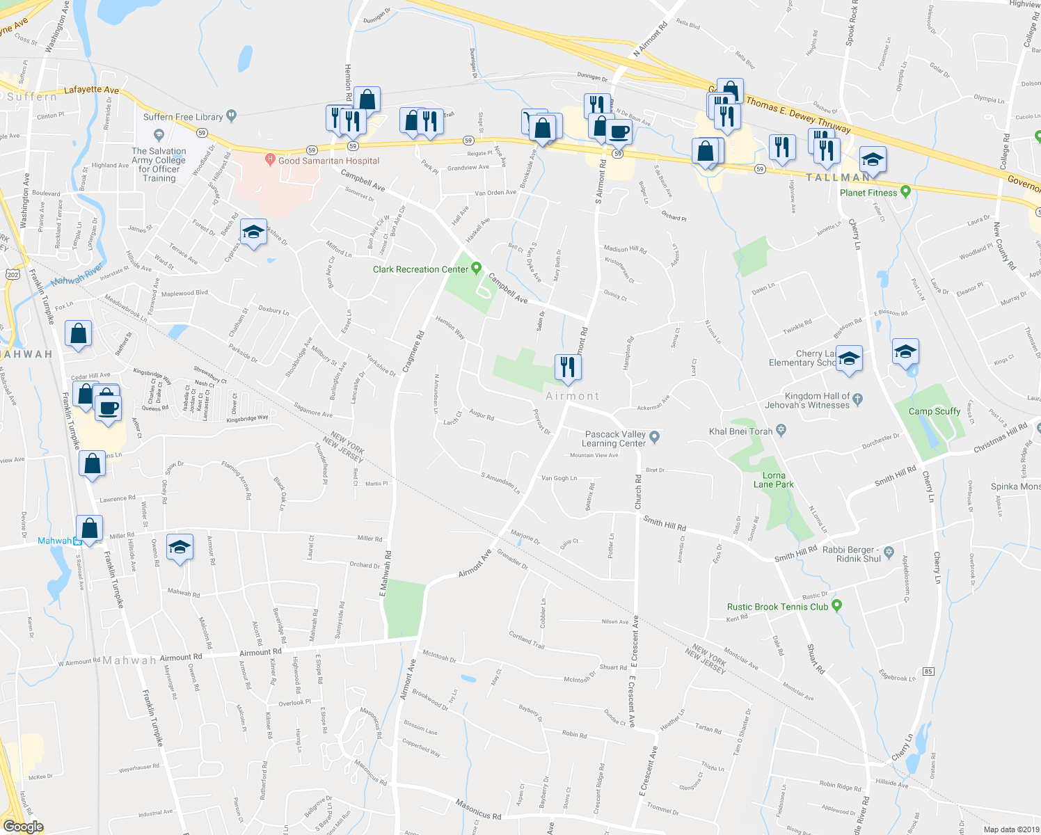 map of restaurants, bars, coffee shops, grocery stores, and more near 22 Augur Road in Airmont