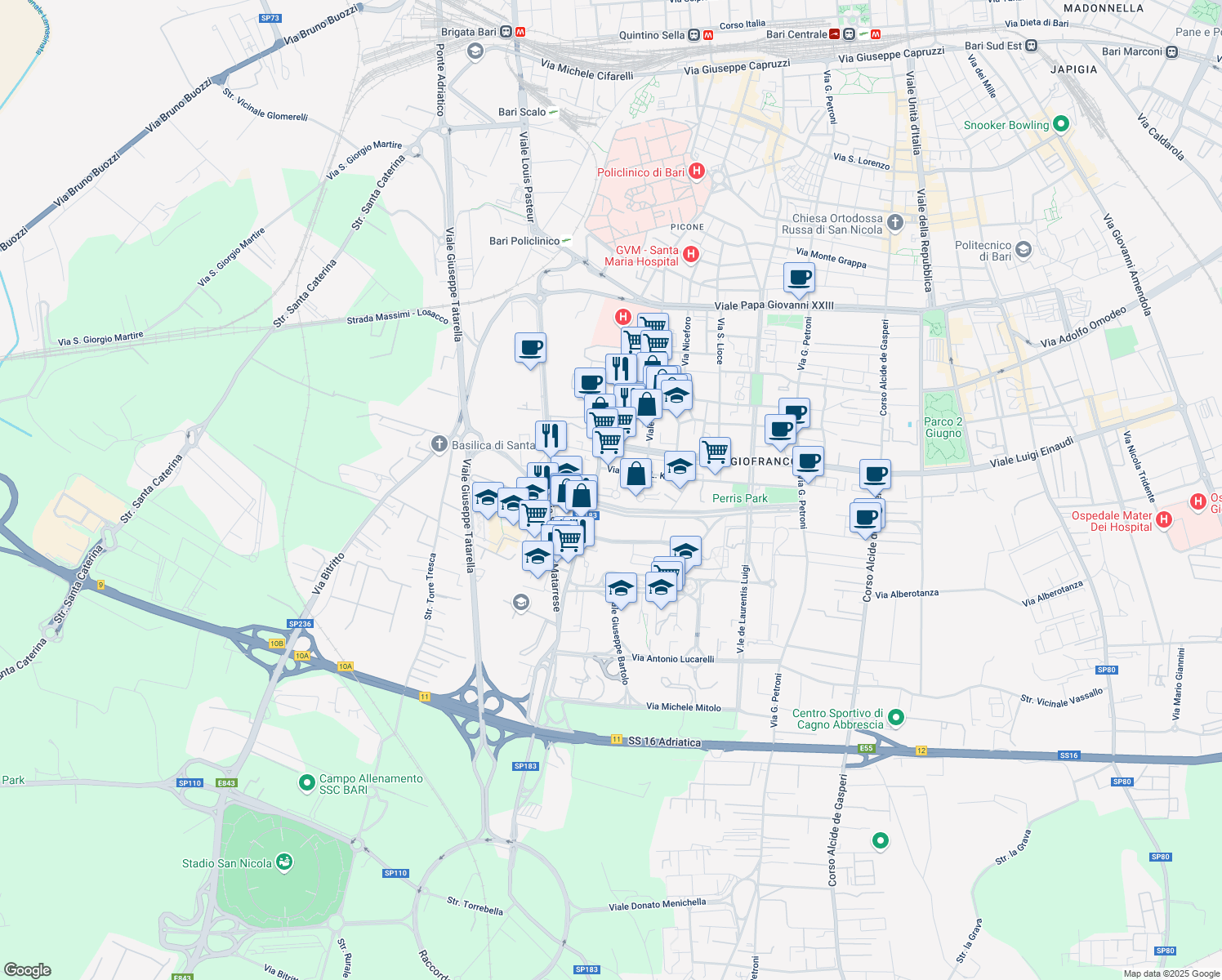 map of restaurants, bars, coffee shops, grocery stores, and more near 1 Via Che Guevara in Bari