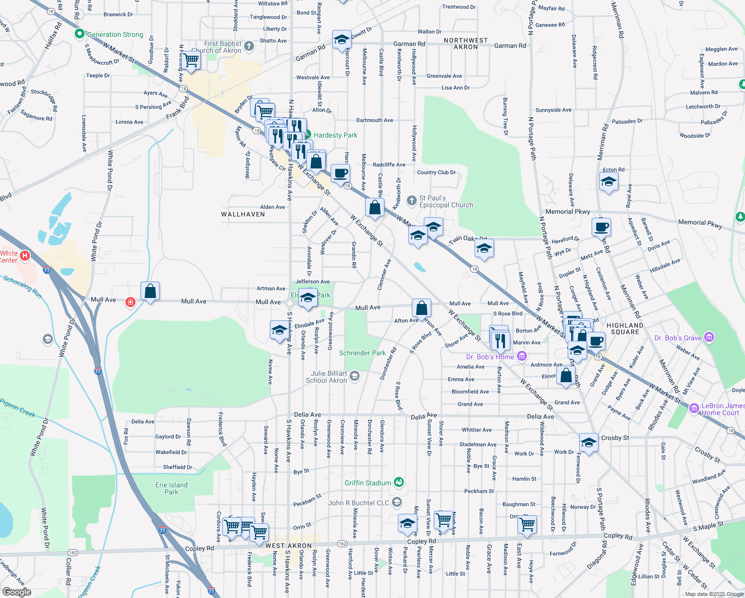map of restaurants, bars, coffee shops, grocery stores, and more near 222 Clemmer Ave in Akron