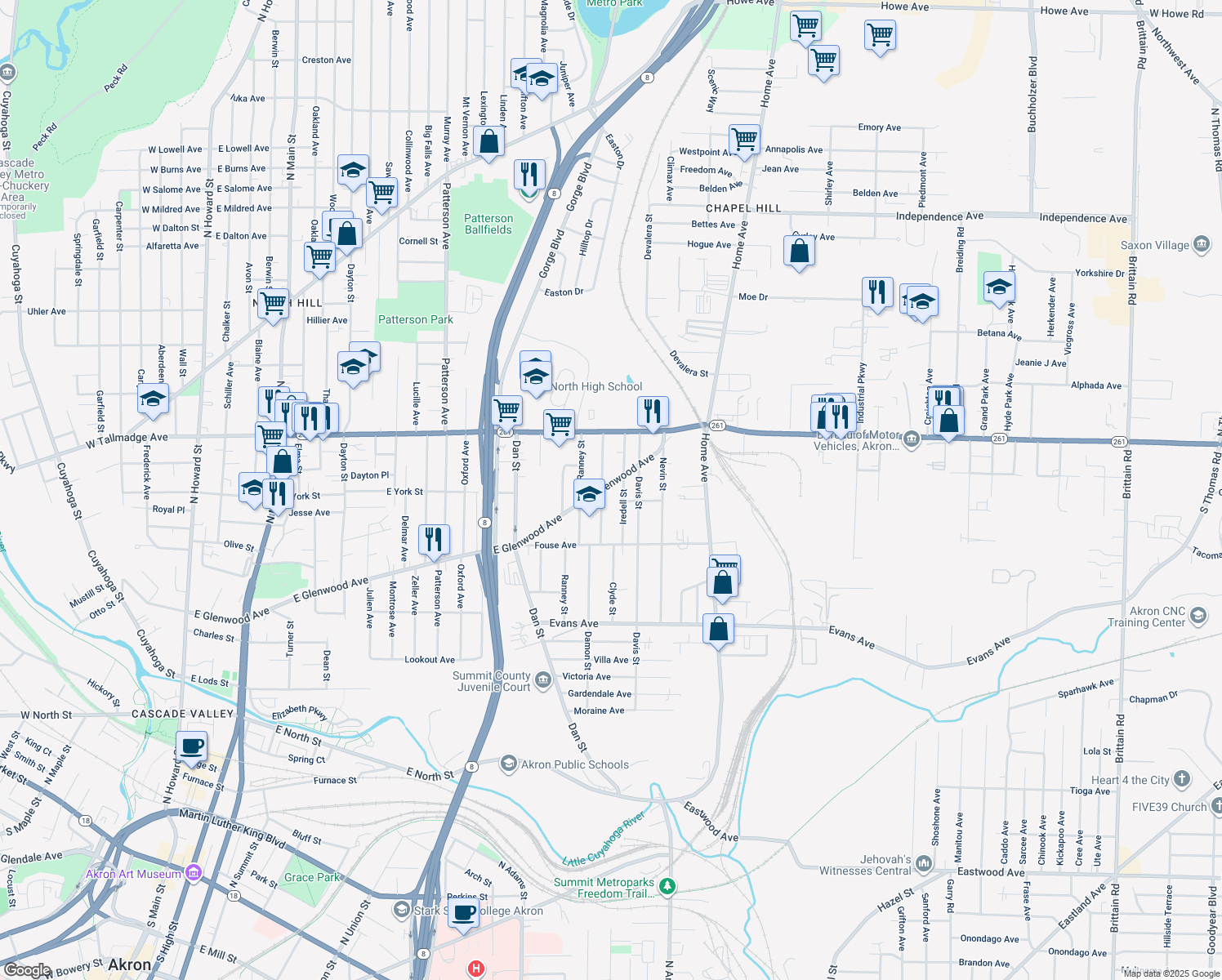 map of restaurants, bars, coffee shops, grocery stores, and more near 650 East Glenwood Avenue in Akron