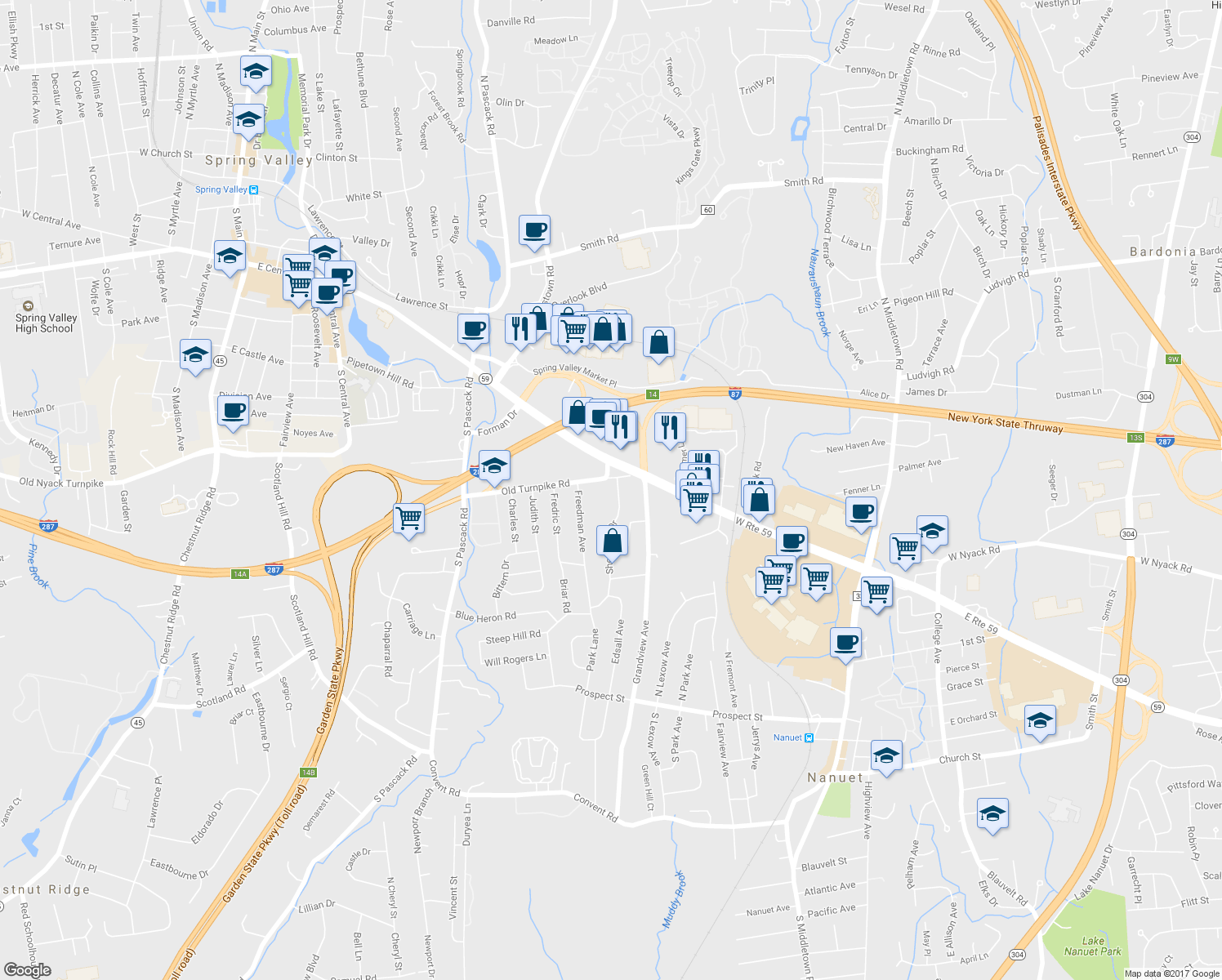 map of restaurants, bars, coffee shops, grocery stores, and more near 7 Sherwood Drive in Nanuet