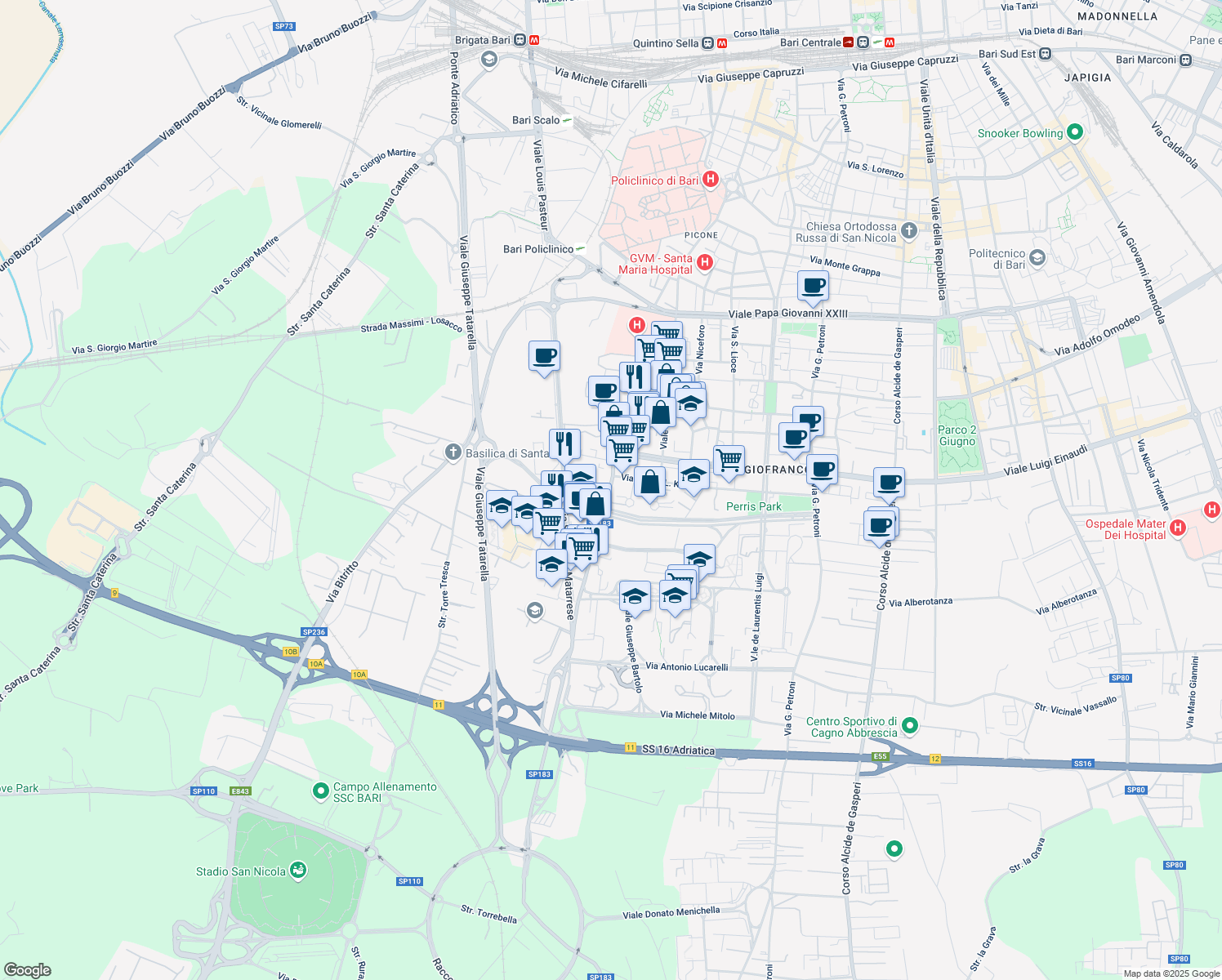 map of restaurants, bars, coffee shops, grocery stores, and more near 1 Via Che Guevara in Bari