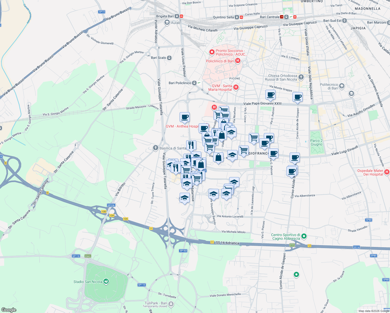 map of restaurants, bars, coffee shops, grocery stores, and more near 41 Via Salvatore Matarrese in Bari
