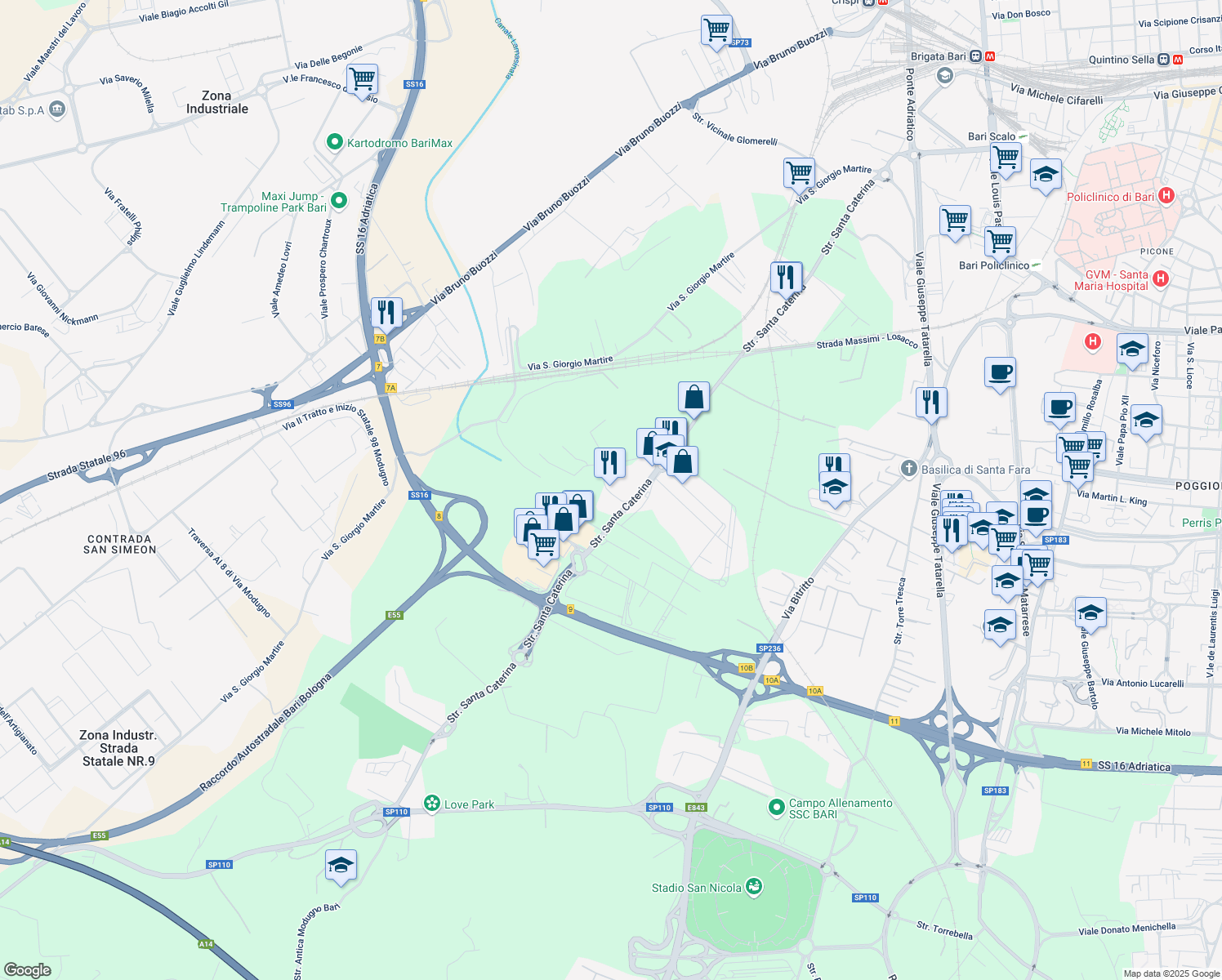 map of restaurants, bars, coffee shops, grocery stores, and more near 37 Via Vincenzo Aulisio in Bari