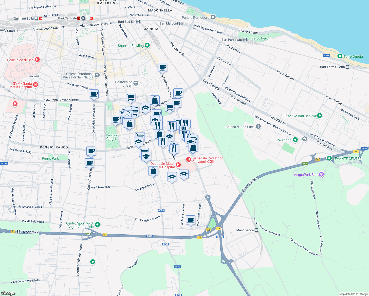 map of restaurants, bars, coffee shops, grocery stores, and more near 199g Via Giovanni Amendola in Bari
