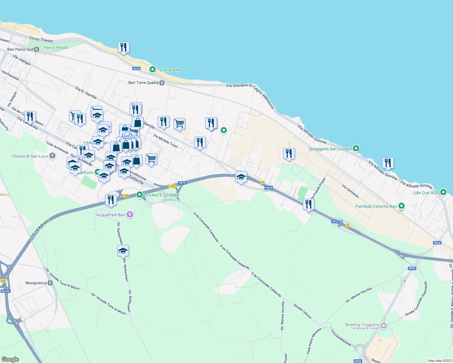 map of restaurants, bars, coffee shops, grocery stores, and more near 6900 Circonvallazione per San San Adriatica 16 in Bari