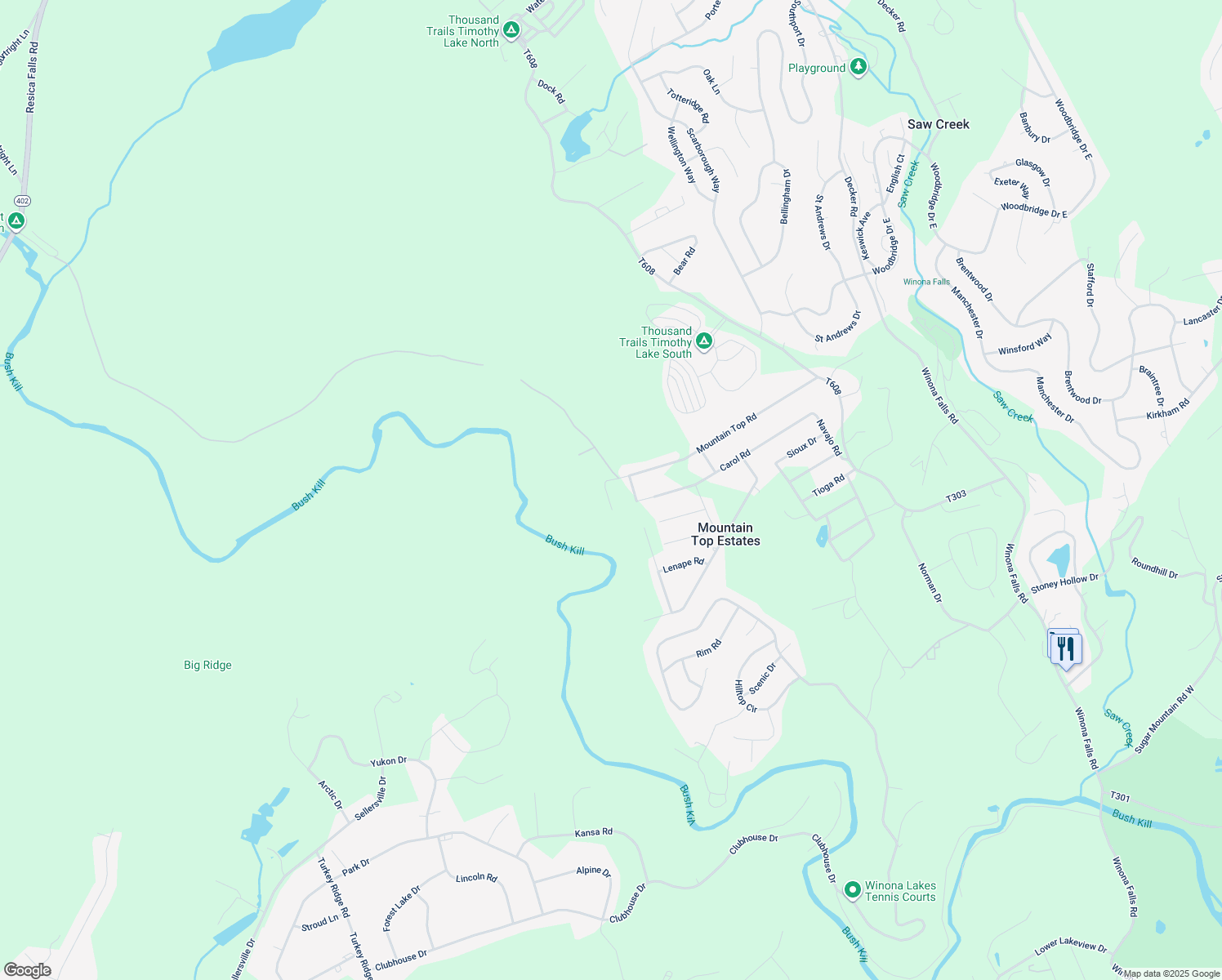 map of restaurants, bars, coffee shops, grocery stores, and more near 406 Mohawk Drive in East Stroudsburg