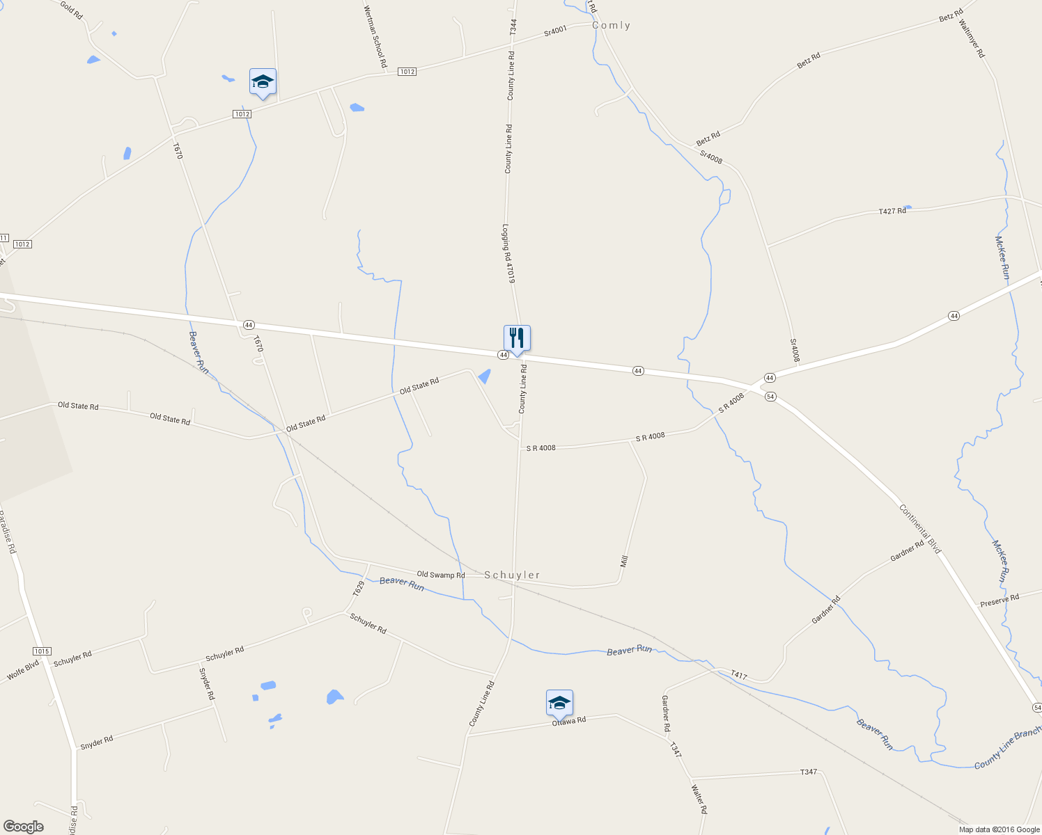 map of restaurants, bars, coffee shops, grocery stores, and more near Logging Road 47019 in Turbotville