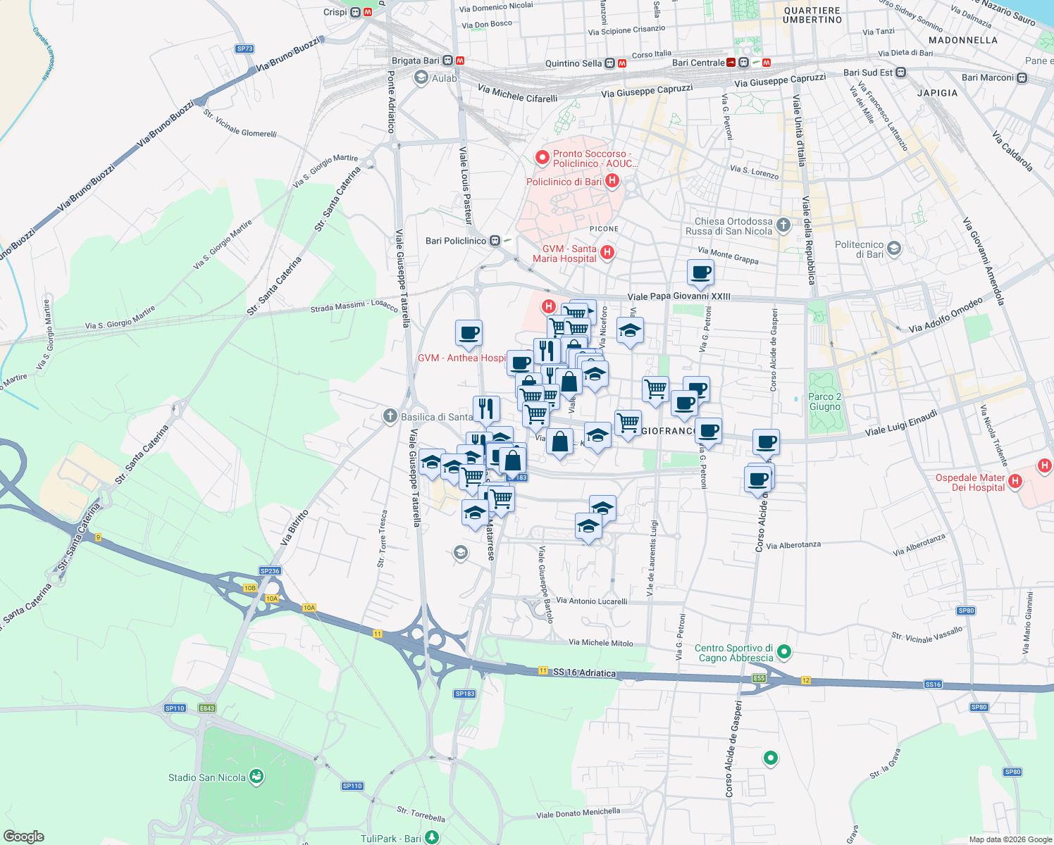 map of restaurants, bars, coffee shops, grocery stores, and more near 43 Via Camillo Rosalba in Bari
