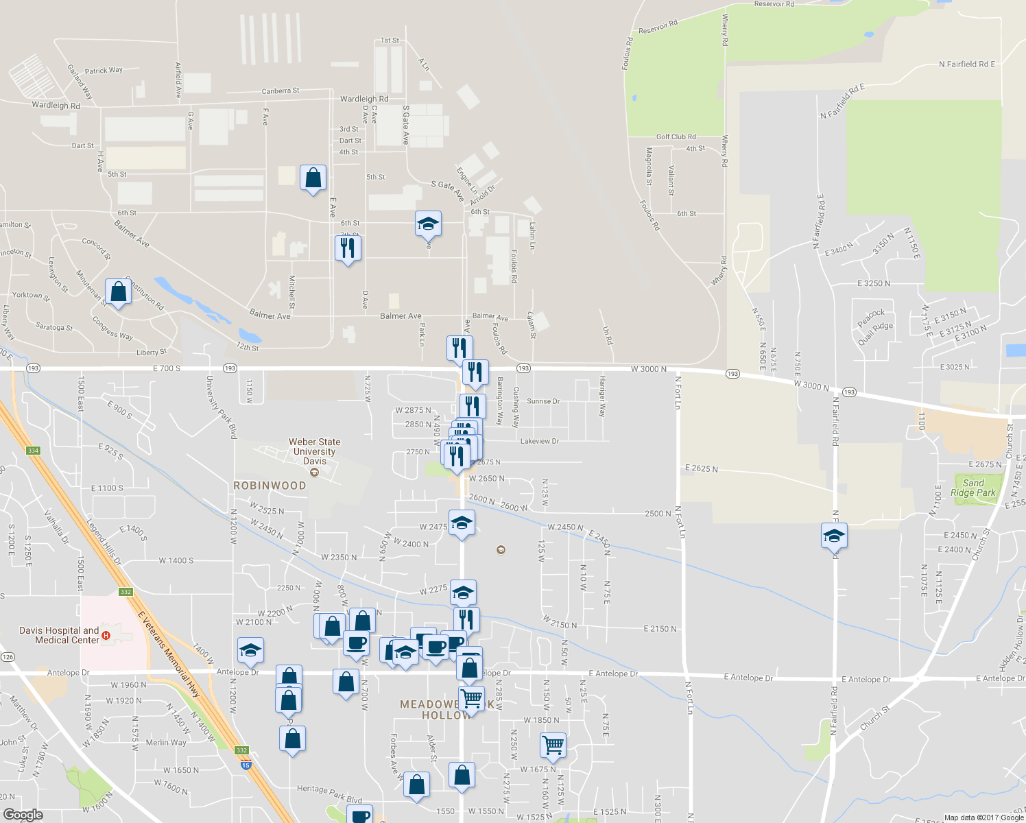map of restaurants, bars, coffee shops, grocery stores, and more near 146 Cushing Way in Layton