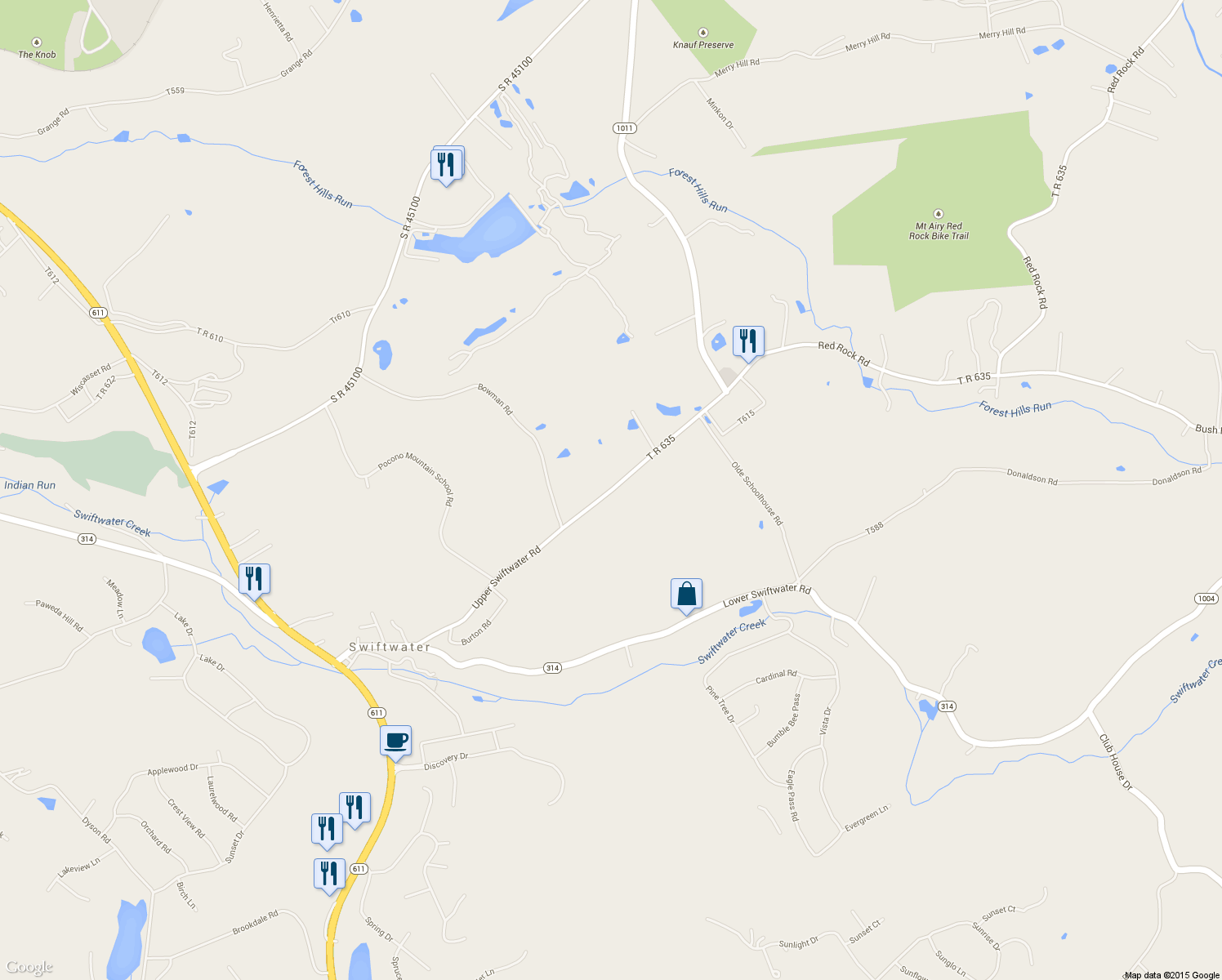 map of restaurants, bars, coffee shops, grocery stores, and more near 220 Upper Swiftwater Road in Cresco