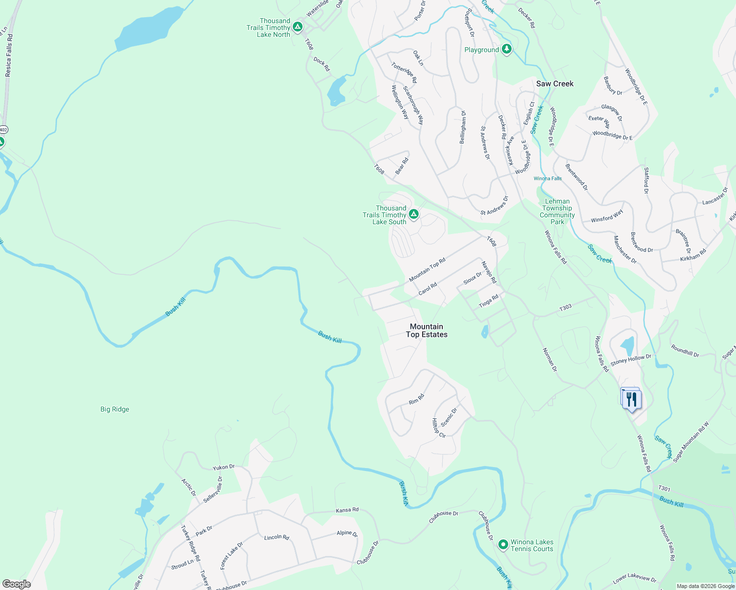 map of restaurants, bars, coffee shops, grocery stores, and more near 400 Mohawk Drive in East Stroudsburg