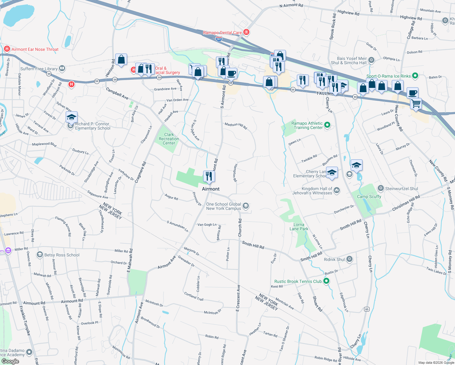map of restaurants, bars, coffee shops, grocery stores, and more near 5 Hampton Rd in Airmont