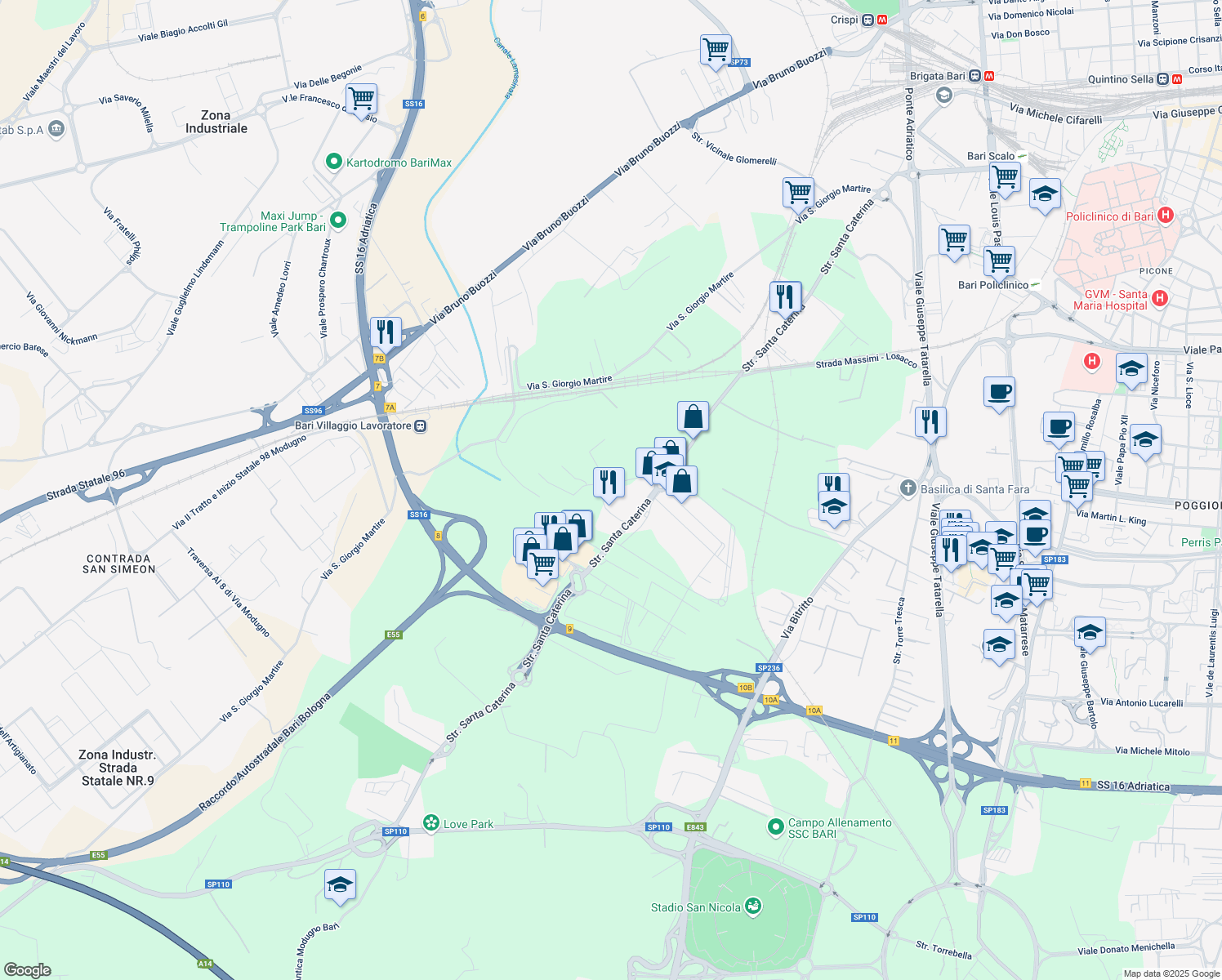 map of restaurants, bars, coffee shops, grocery stores, and more near 37 Via Vincenzo Aulisio in Città Metropolitana di Bari