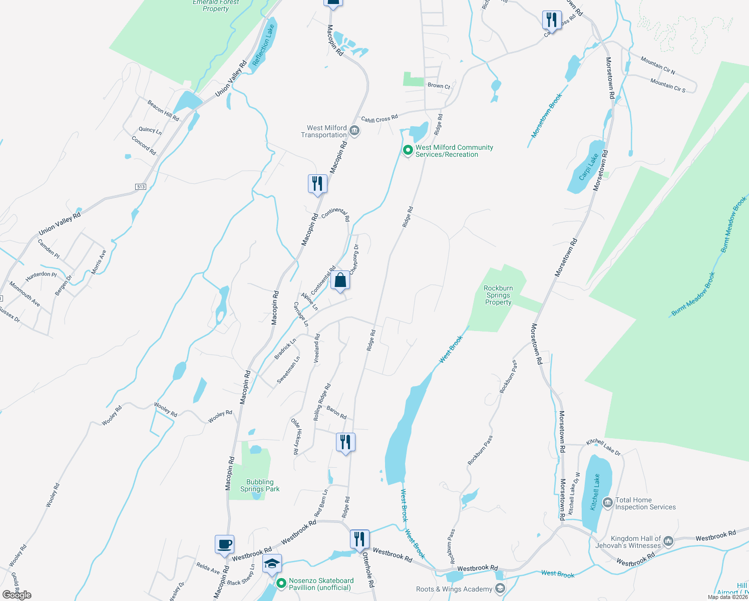 map of restaurants, bars, coffee shops, grocery stores, and more near 211 Ridge Road in West Milford