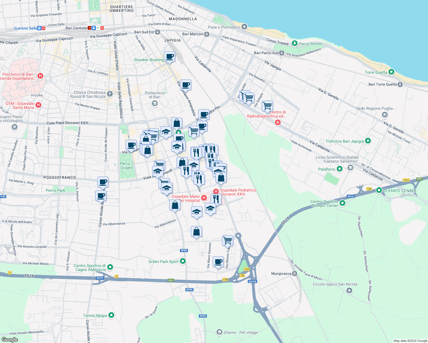 map of restaurants, bars, coffee shops, grocery stores, and more near 199 Via Giovanni Amendola in Bari