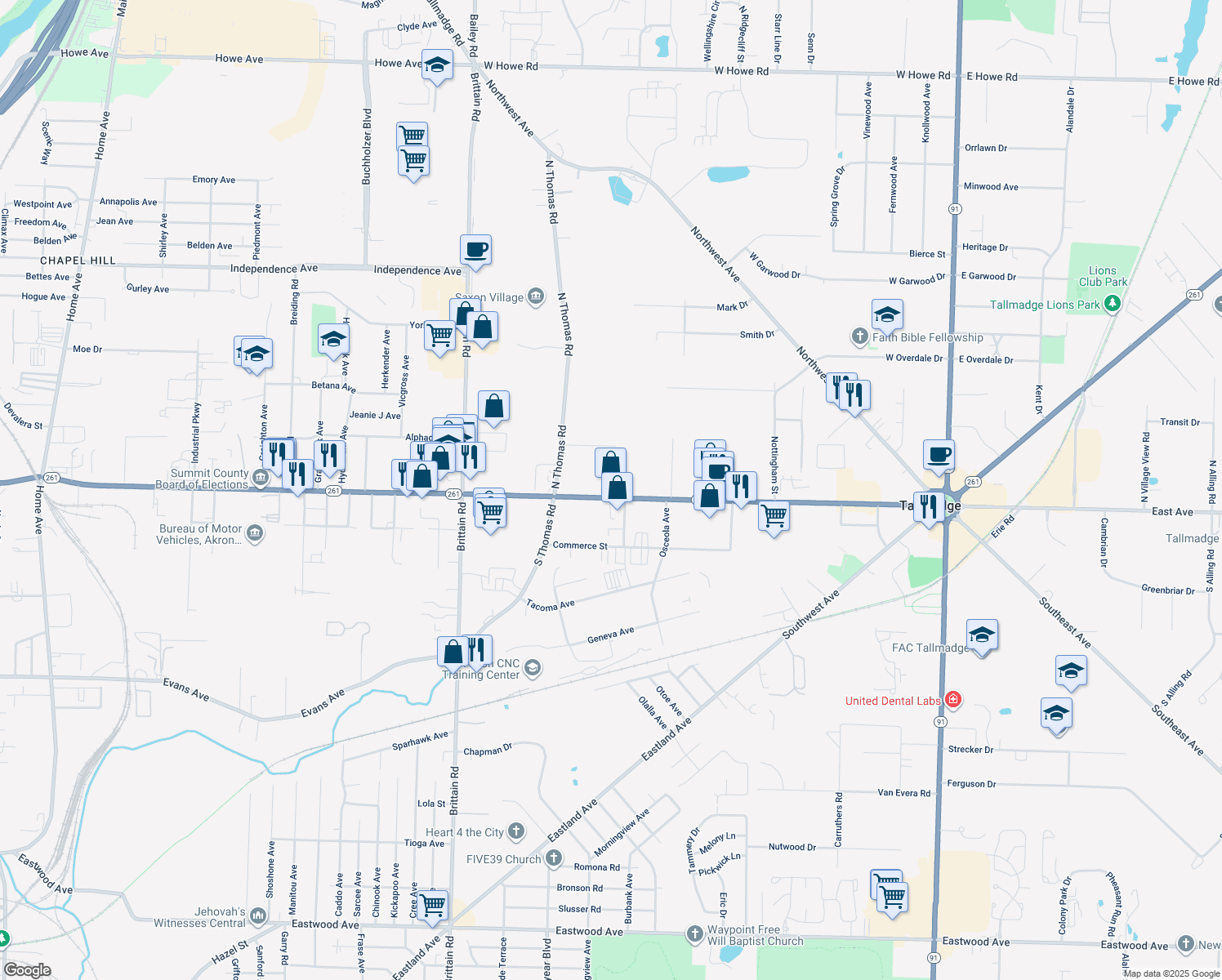 map of restaurants, bars, coffee shops, grocery stores, and more near 444 West Ave in Tallmadge