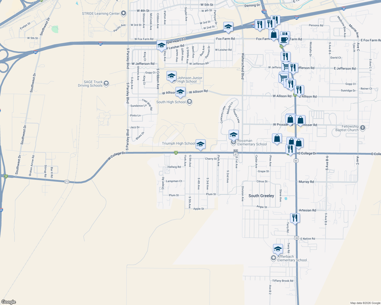map of restaurants, bars, coffee shops, grocery stores, and more near 1350 West College Drive in Cheyenne