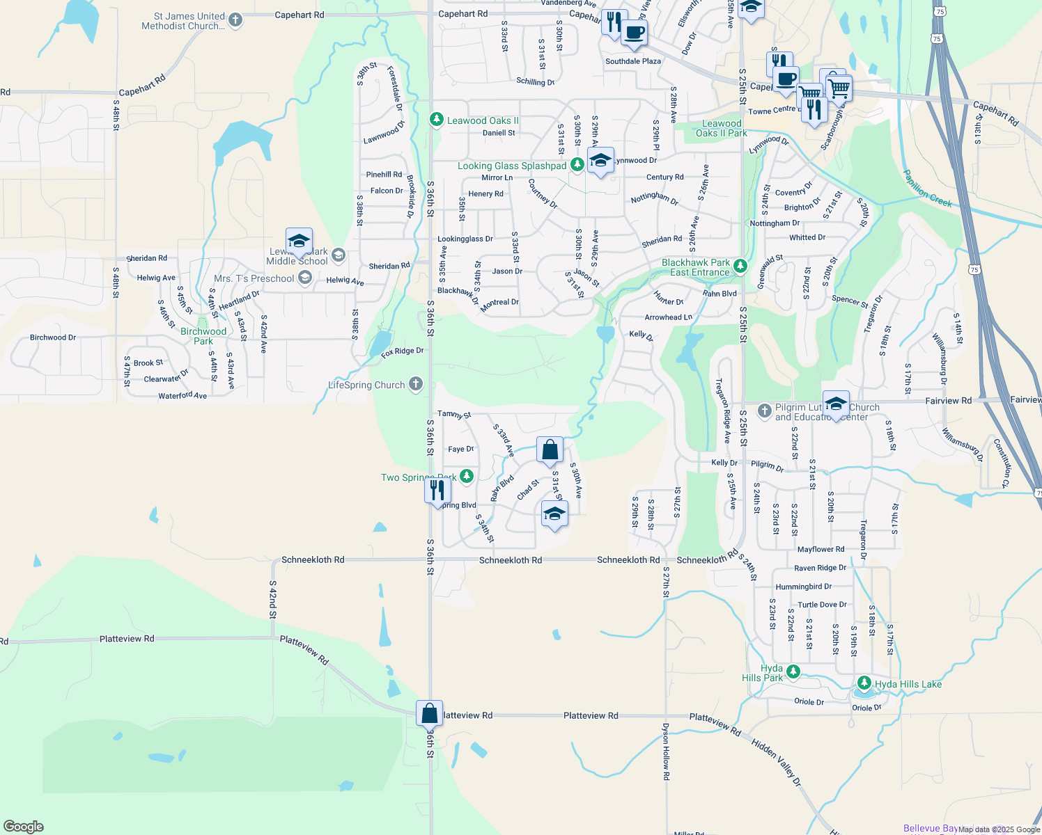 map of restaurants, bars, coffee shops, grocery stores, and more near 14003 South 32nd Avenue in Bellevue