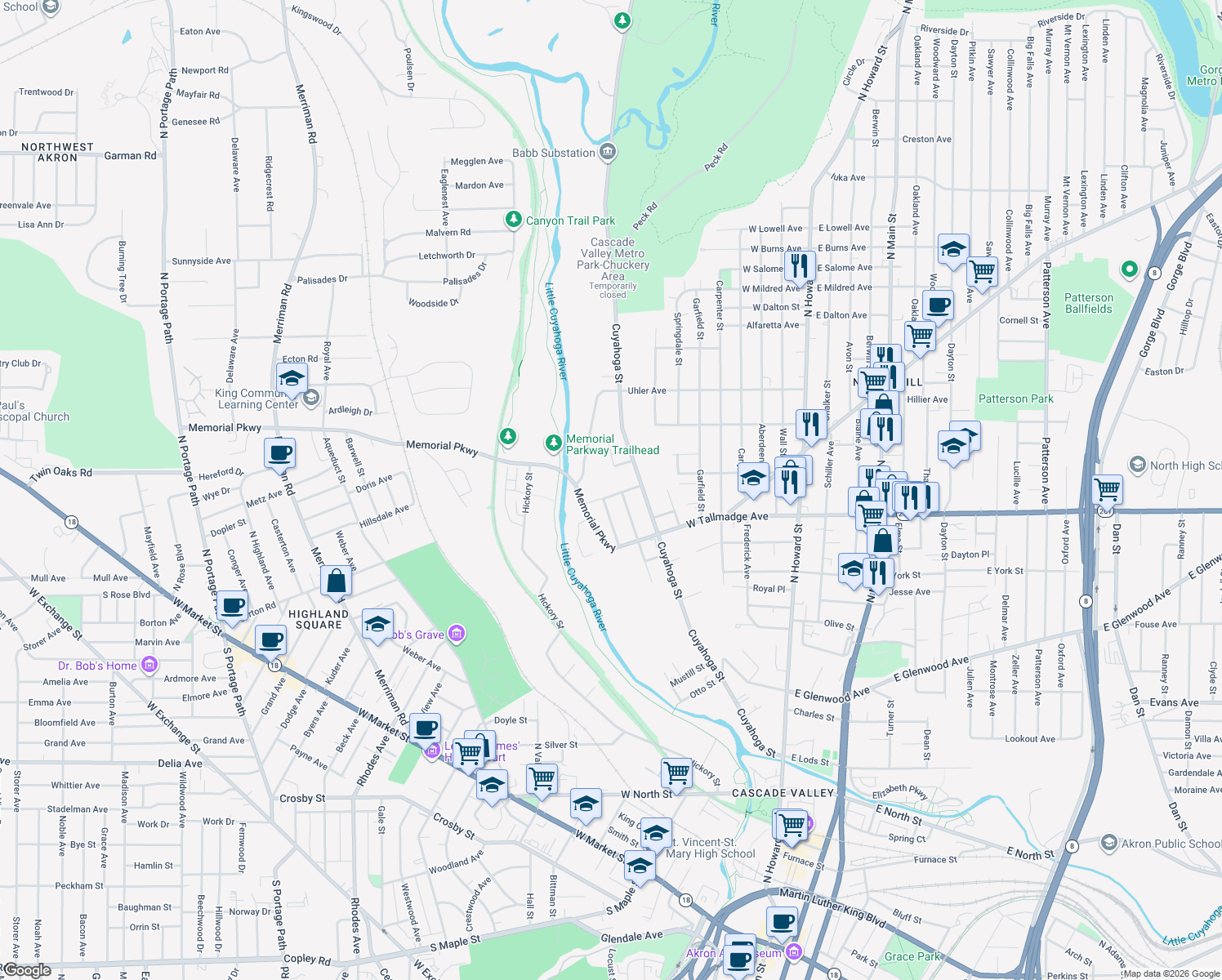 map of restaurants, bars, coffee shops, grocery stores, and more near 277 Shelby Ave in Akron
