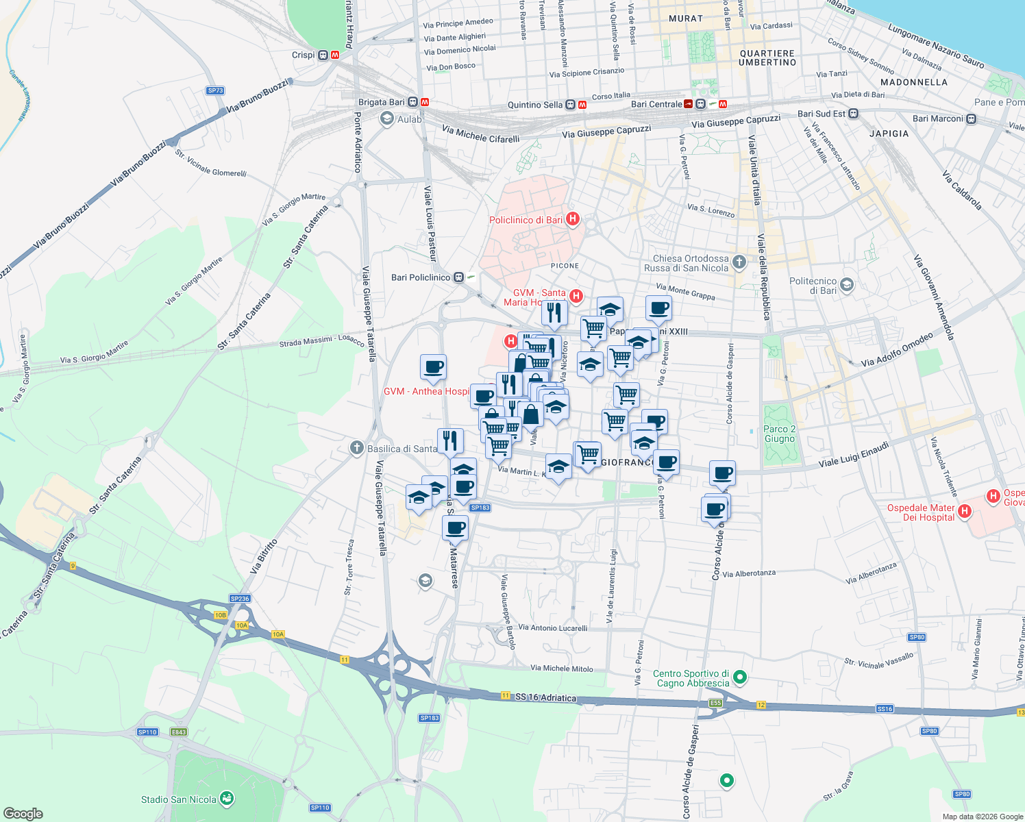 map of restaurants, bars, coffee shops, grocery stores, and more near Traversa Al 39 a Via M. Amoruso in Bari