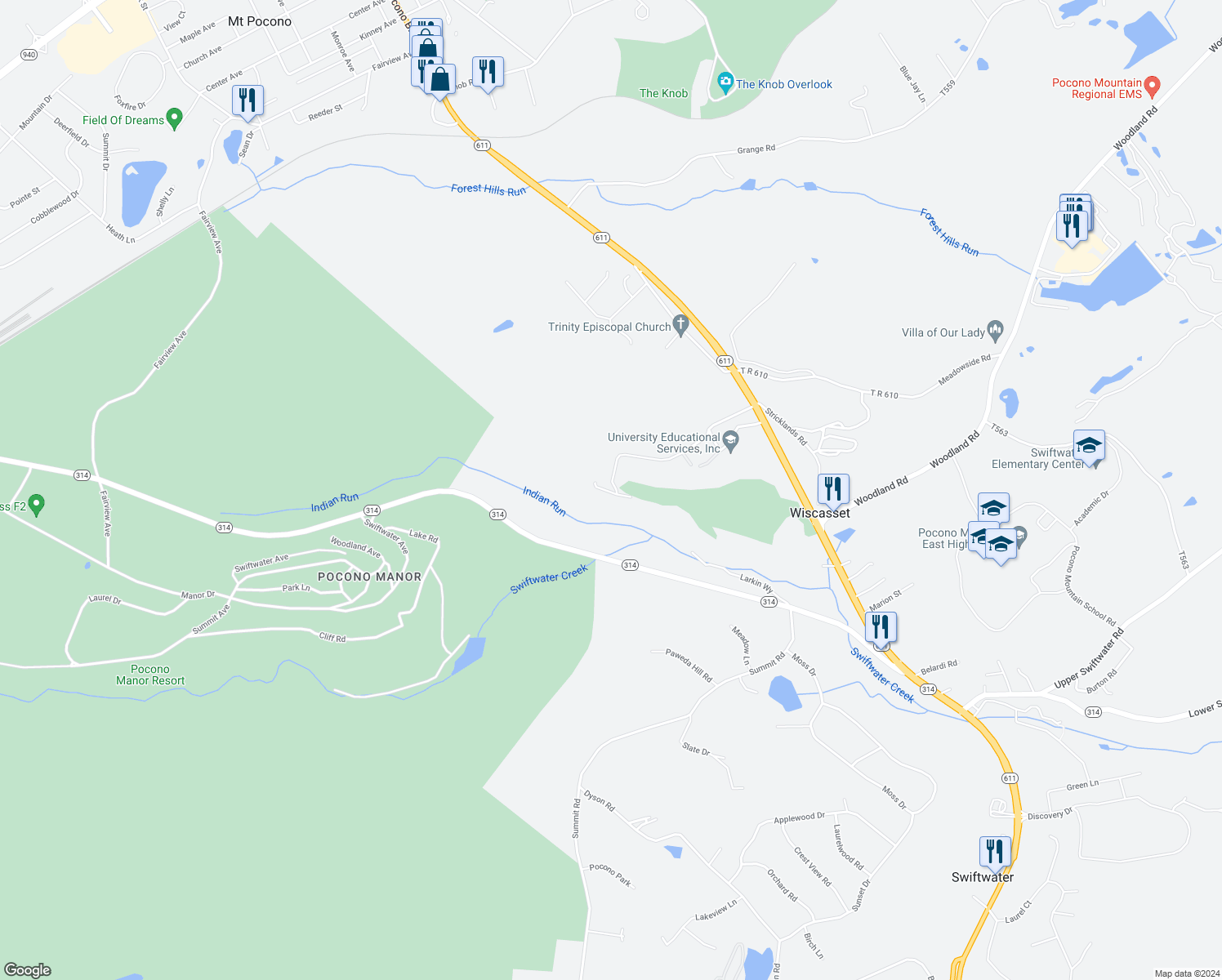 map of restaurants, bars, coffee shops, grocery stores, and more near 7 Wiscasset Road in Swiftwater