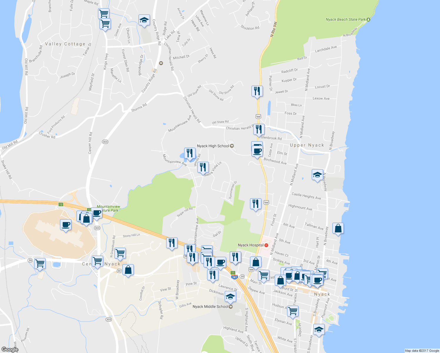 map of restaurants, bars, coffee shops, grocery stores, and more near 345 Sierra Vista Lane in Valley Cottage