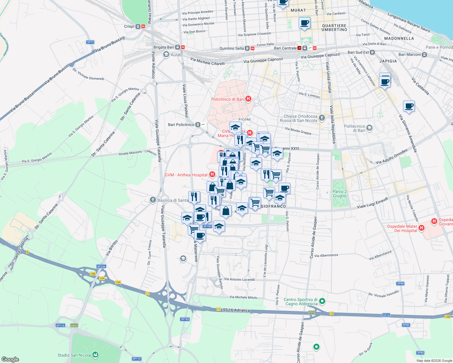 map of restaurants, bars, coffee shops, grocery stores, and more near Traversa Al 39 a Via M. Amoruso in Bari