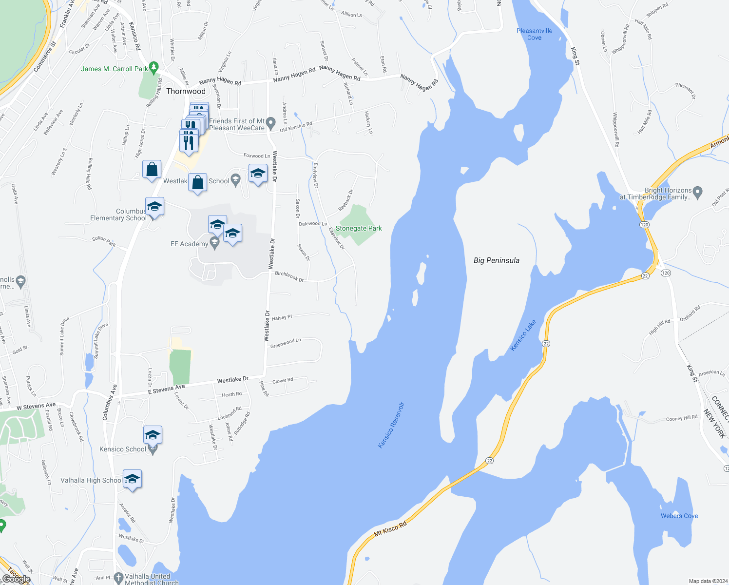 map of restaurants, bars, coffee shops, grocery stores, and more near 30 Eastview Drive in Valhalla