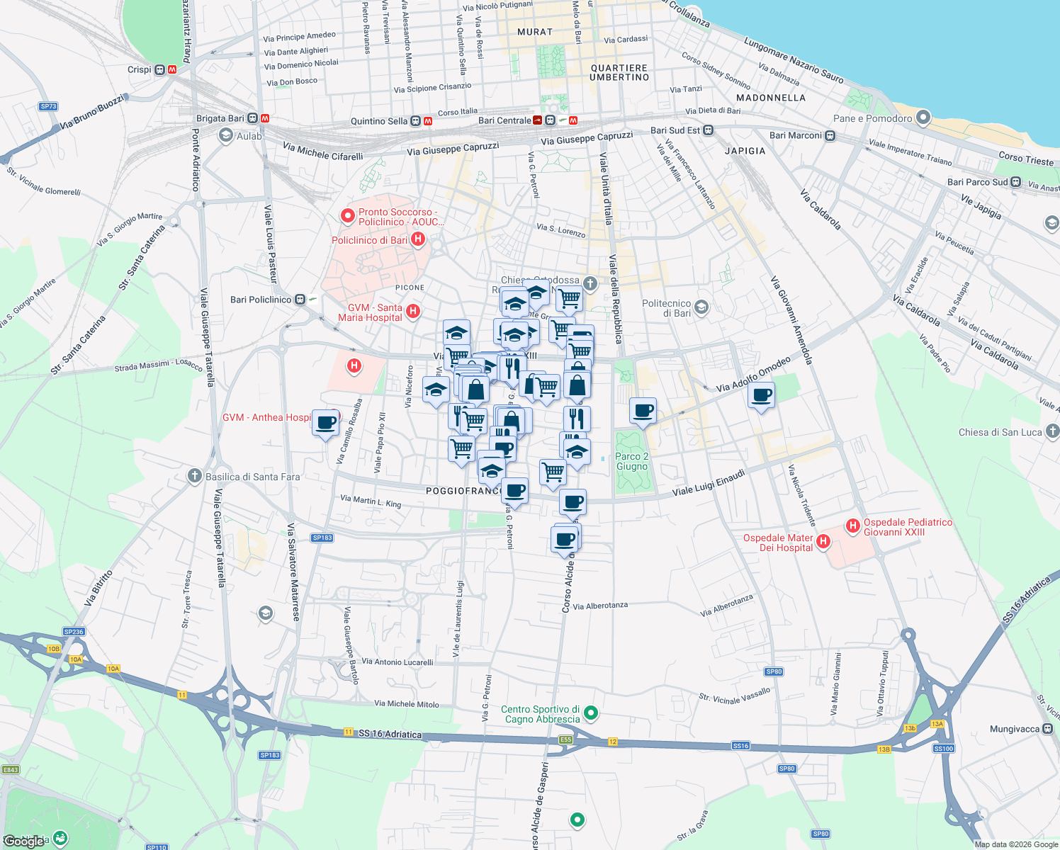 map of restaurants, bars, coffee shops, grocery stores, and more near 15 Via Giovanni Colella in Bari
