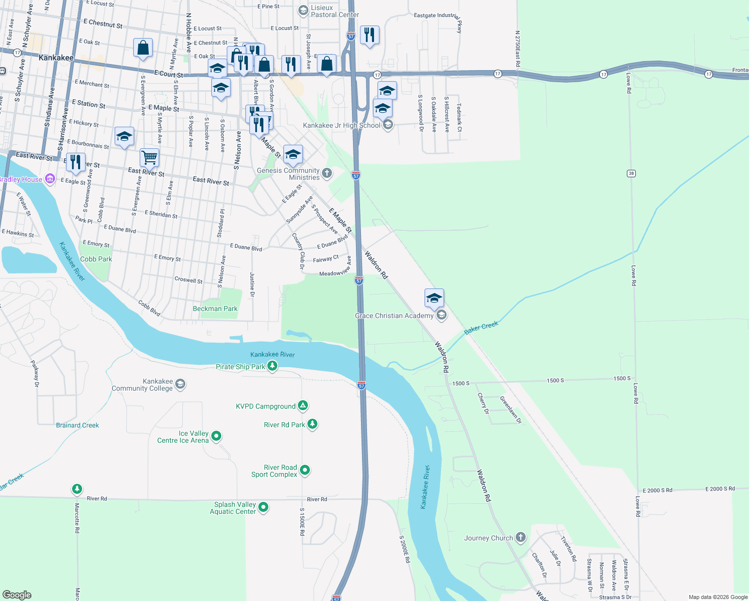 map of restaurants, bars, coffee shops, grocery stores, and more near 11 Weft Road in Kankakee