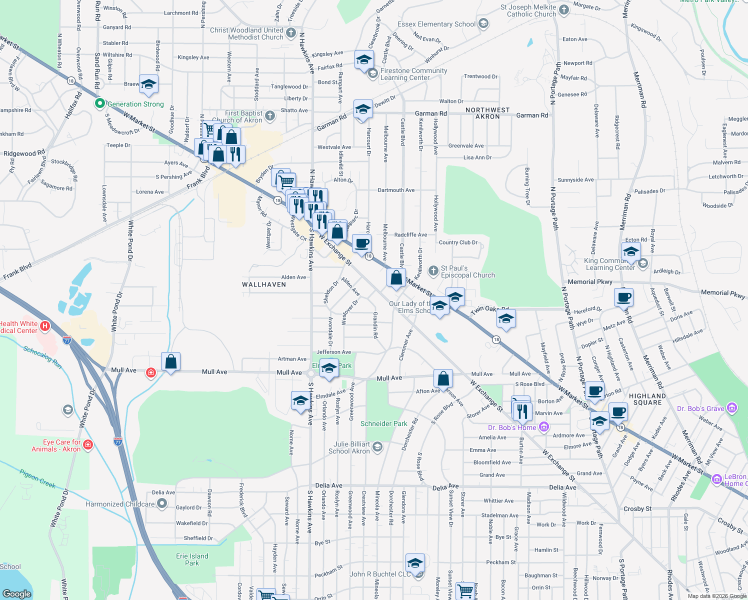 map of restaurants, bars, coffee shops, grocery stores, and more near 99 Grandin Road in Akron